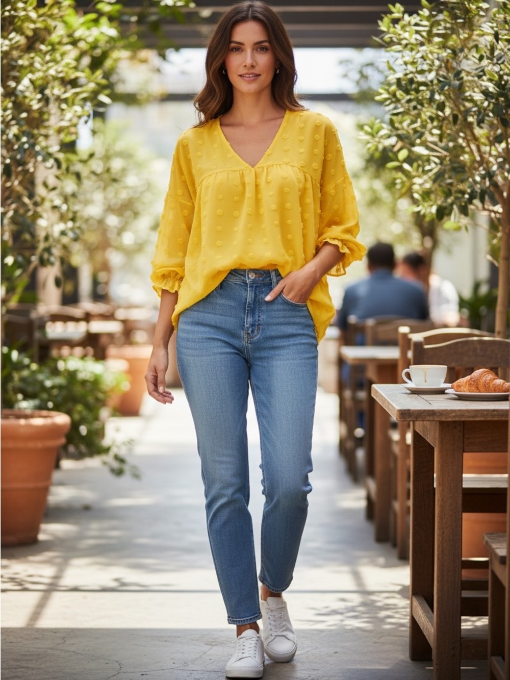 V-Neck Textured Dot Blouse in Yellow
